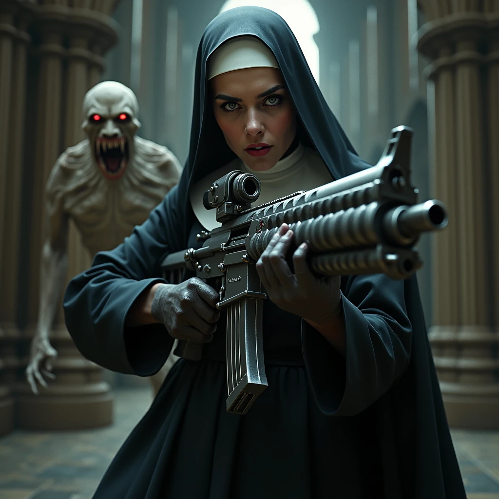 Sexy nun holding a machine gun,Shoot the ugly vampire coming from the front