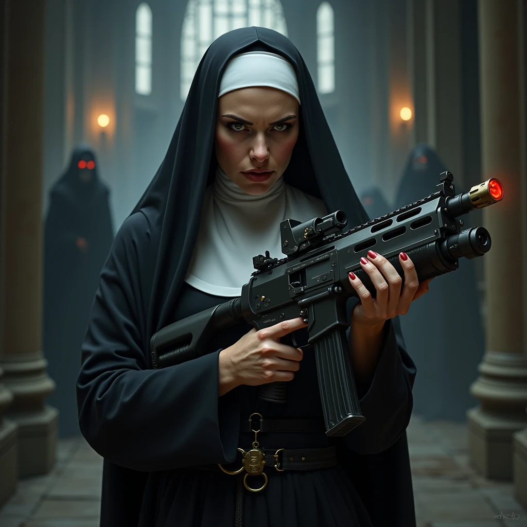 Sexy nun holding a machine gun,Shoot the ugly vampire coming from the front