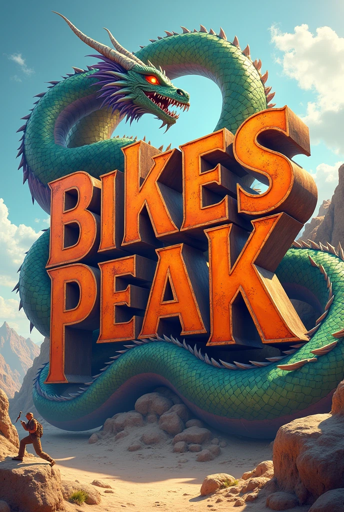 Very large orange Bikes Peak text, dragons background