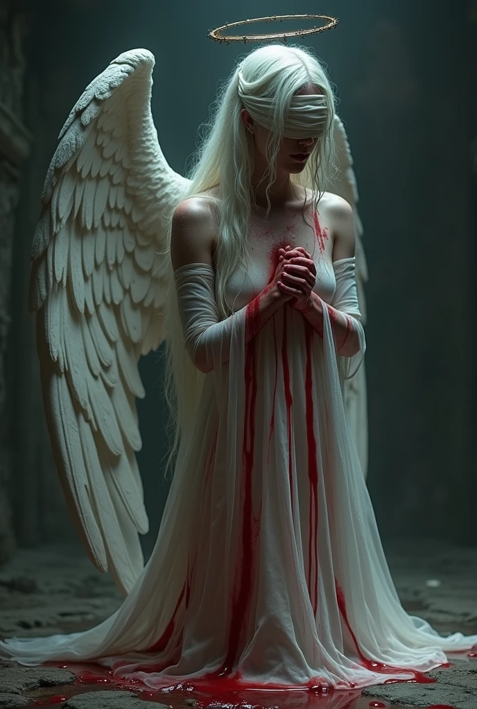 a suffering angel with blindfolded, detailed gloomy angel, white and red polish colors, photorealistic, gruselig, düster, gothic style, body covered in blood, dramatic lighting, chiaroscuro, cinematic composition, dramatic pose, moody atmosphere, intricate details, dark fantasy, emotionally charged