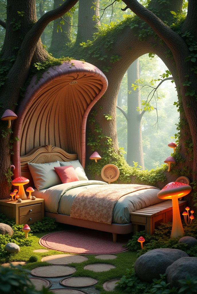 A bedroom with a mushroom bed