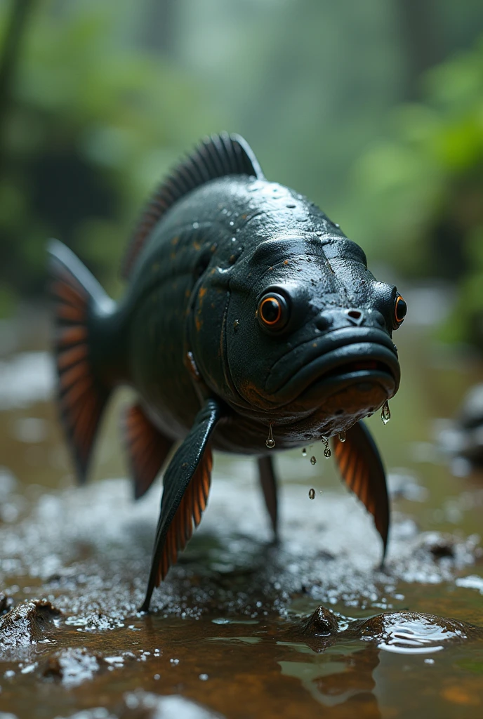 Black chin tilapia walking on land
