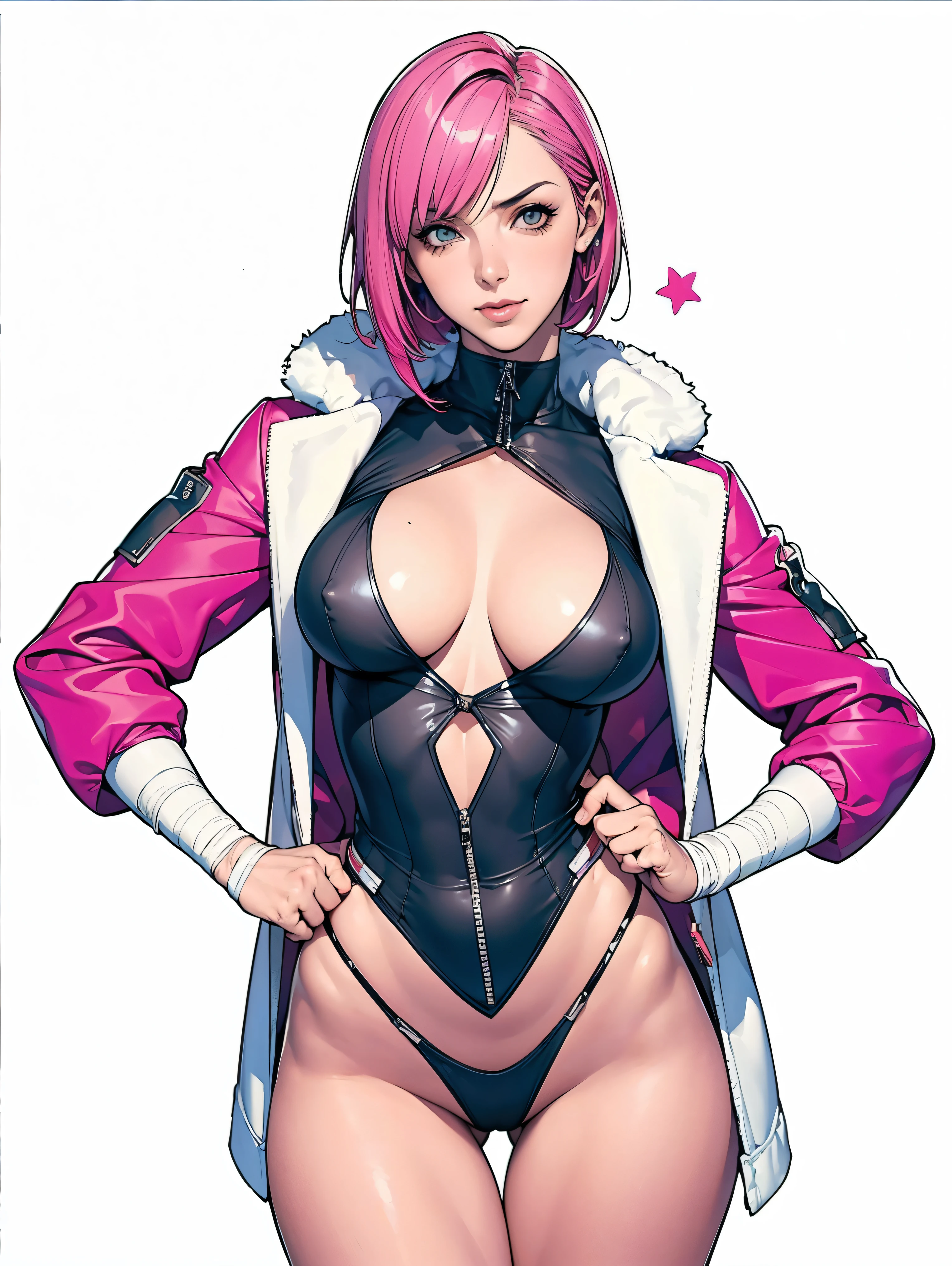 (((Annie Lennox))), (((colorful suit))), (scars), (((bandaged arms))), (((colorful clothes))) (( hood)), (((best quality: 1.4))), (Unbeatable masterpiece), (hyper HD),(CG 8k hyper-realistic), beautiful face, (((breasts big))), (((hyper feminine))), sexly girl, ((round face)), black tattoo,(ultra short red hair with white highlights)), ((( sculptural body ))), (((1 Kizi))), Kizi tatuada de 25 anos com perfect body,,Beautiful and well-groomed face, (round face), muscular body:1.2,solid color detailed jacket, (Head to thigh photos), Complex equipment, ,Tight clothes,With white stars and off-white stripes,,,,,Armor Metal Electronic Parts, Poison tattoos ) INFO, Kizi, (((standing alone))), , 24歳, sexy, pose de attitude, work of art, dancing, ((slight smile)), post-apocalypse, (((manga style))), bounty hunter, the way you want, perfect body, roupa moderna, advanced technology, white, yellow accent, black, red accent, fur collar jacket, sleeves with vertical striped pattern, background city, (( cowboy shot )). intricate visual, narrow waist, (((wide hips))), wide hips, fit thighs, (((thigh gap))), Thigh gap, background shows a futuristic airplane, open expression, expression happy