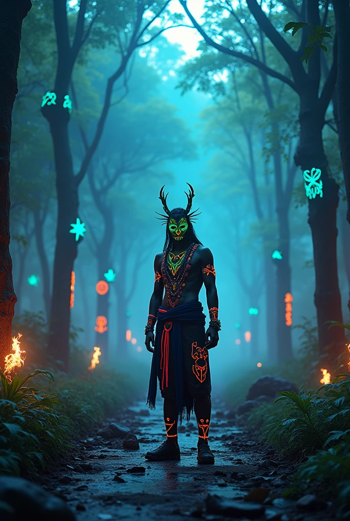 A high-resolution brightly lit photorealistic photograph of a tech wear shaman wearing shamanic ornaments and face mask tribals with tribal clothings and colourfull masks in uv green and blue  with criptic signs glowing on the fabric standing by an ancient rain forest temple ruins glowing with criptic symbols of tribals and alienish paterns on the tree trunks glowing in uv colours smog and misty fog in the atmosphere broken ruins of ancient goddess skulptor glowing in uv colours The photograph is styled like a high-end lifestle Movie hdr32 k this orignal image octate render unreal lightings, highly detailed , photo realistic , unreal engine 5, depth of view, add noise, Effet de vent：1.9，Effets de nuage：1.2，Rendu complet，Encaustic painting,flammes, epic, dawn, dramatic lighting, dim light, bokeh, The photograph has a light bright happy feel. Use a high-resolution 16k camera with a 2:3 aspect ratio, a raw style, and a quality setting of 2 to capture this vibrant scene . 32k, full ultra hd, high resolution, photorealistic, natural lighting, ultra realistic photo, high quality, HDR, high resolution, smooth and delicate skin, noble and elegant, ultra-realistic photography vibe, shot with Canon camera, intricate details, 32k --ar 16:9 --s 750 --v 6.1