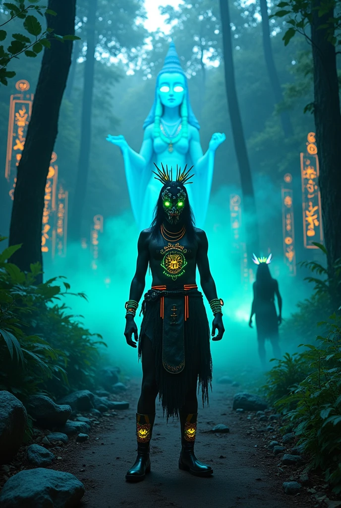 A high-resolution brightly lit photorealistic photograph of a tech wear shaman wearing shamanic ornaments and face mask tribals with tribal clothings and colourfull masks in uv green and blue  with criptic signs glowing on the fabric standing by an ancient rain forest temple ruins glowing with criptic symbols of tribals and alienish paterns on the tree trunks glowing in uv colours smog and misty fog in the atmosphere broken ruins of ancient goddess skulptor glowing in uv colours The photograph is styled like a high-end lifestle Movie hdr32 k this orignal image octate render unreal lightings, highly detailed , photo realistic , unreal engine 5, depth of view, add noise, Effet de vent：1.9，Effets de nuage：1.2，Rendu complet，Encaustic painting,flammes, epic, dawn, dramatic lighting, dim light, bokeh, The photograph has a light bright happy feel. Use a high-resolution 16k camera with a 2:3 aspect ratio, a raw style, and a quality setting of 2 to capture this vibrant scene . 32k, full ultra hd, high resolution, photorealistic, natural lighting, ultra realistic photo, high quality, HDR, high resolution, smooth and delicate skin, noble and elegant, ultra-realistic photography vibe, shot with Canon camera, intricate details, 32k --ar 16:9 --s 750 --v 6.1