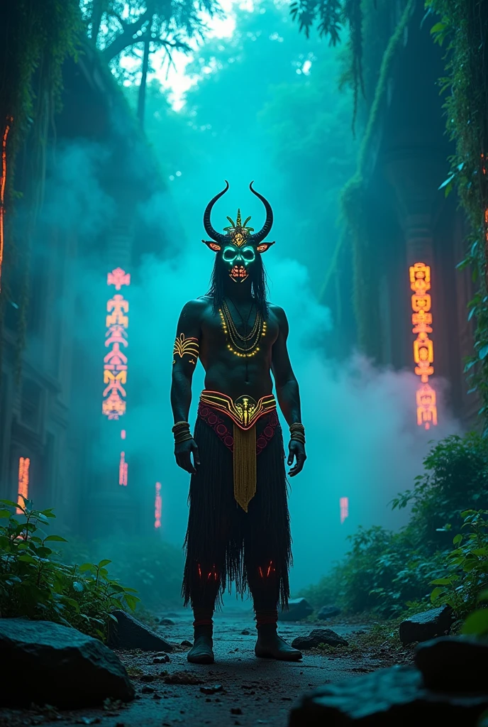 A high-resolution brightly lit photorealistic photograph of a tech wear shaman wearing shamanic ornaments and face mask tribals with tribal clothings and colourfull masks in uv green and blue with criptic signs glowing on the fabric standing by an ancient rain forest temple ruins glowing with criptic symbols of tribals and alienish paterns on the tree trunks glowing in uv colours smog and misty fog in the atmosphere broken ruins of ancient goddess skulptor glowing in uv colours The photograph is styled like a high-end lifestle Movie hdr32 k this orignal image octate render unreal lightings, highly detailed , photo realistic , unreal engine 5, depth of view, add noise, Effet de vent:1.9,Effets de nuage:1.2,Rendu complet,Encaustic painting,flammes, epic, dawn, dramatic lighting, dim light, bokeh, The photograph has a light bright happy feel. Use a high-resolution 16k camera with a 2:3 aspect ratio, a raw style, and a quality setting of 2 to capture this vibrant scene . 32k, full ultra hd, high resolution, photorealistic, natural lighting, ultra realistic photo, high quality, HDR, high resolution, smooth and delicate skin, noble and elegant, ultra-realistic photography vibe, shot with Canon camera, intricate details, 32k --ar 16:9 --s 750 --v 6.1