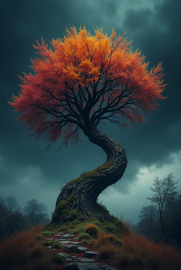 dark sky and colorful tree