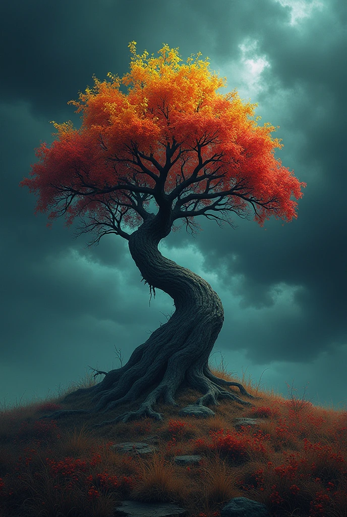 dark sky and colorful tree