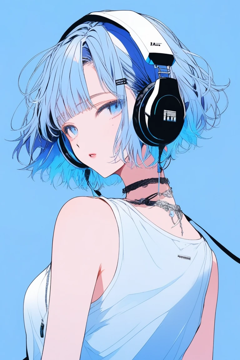 ((masterpiece,Highest quality)), 8k, anime , Realistic ,sketch, anime風のポートレート, animeの女性, 20-year-old, Blue gradient background, Tank top mesh knit, Neon short bob hair, lip, Big earrings, Wear headphones, Texture Trim, Canadian, Upper Body, (masterpiece,Highest quality)