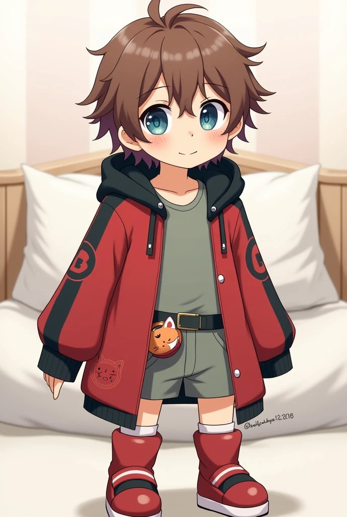 Brown haired boy。Her short hair with outward curls is bouncing.。Smiling with droopy blue eyes。Wearing an oversized hoodie and white headphones。The background is simple。The hoodie is mainly red with black on the arms and hood.。The parka is a jacket type.、Open。There is an awkward looking smiley face painted in red on the sleeve near the shoulder.。The back is painted in white with an awkward B on it.。The hoodie is held in place by a black belt with silver hardware.。On his belt he wears a fox-like accessory with a white to red gradient.。A simple, blank, greyish greenＴWearing a shirt。She wears knee-high shoes made of red and white cushioning material.。Anime style with a gentle touch。Large。Male。Give me a white pillow and some big manga meat。