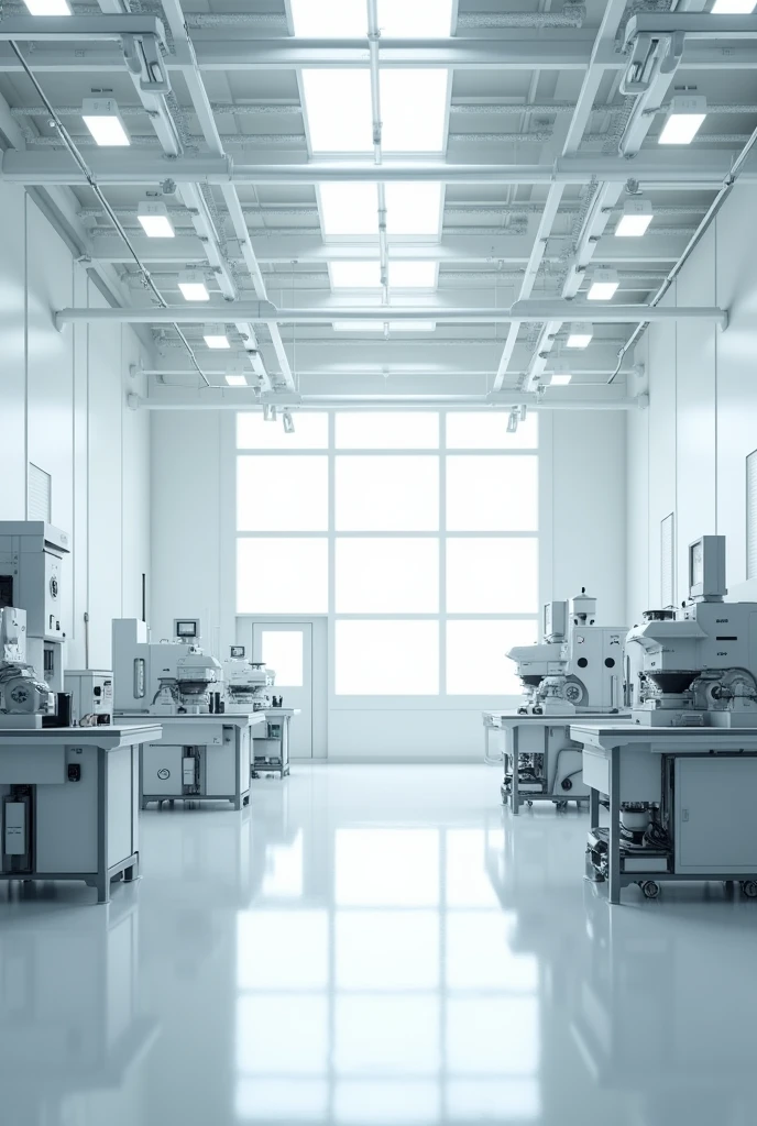 a clean and organized factory interior environment, White walls, ultra realistic realistic