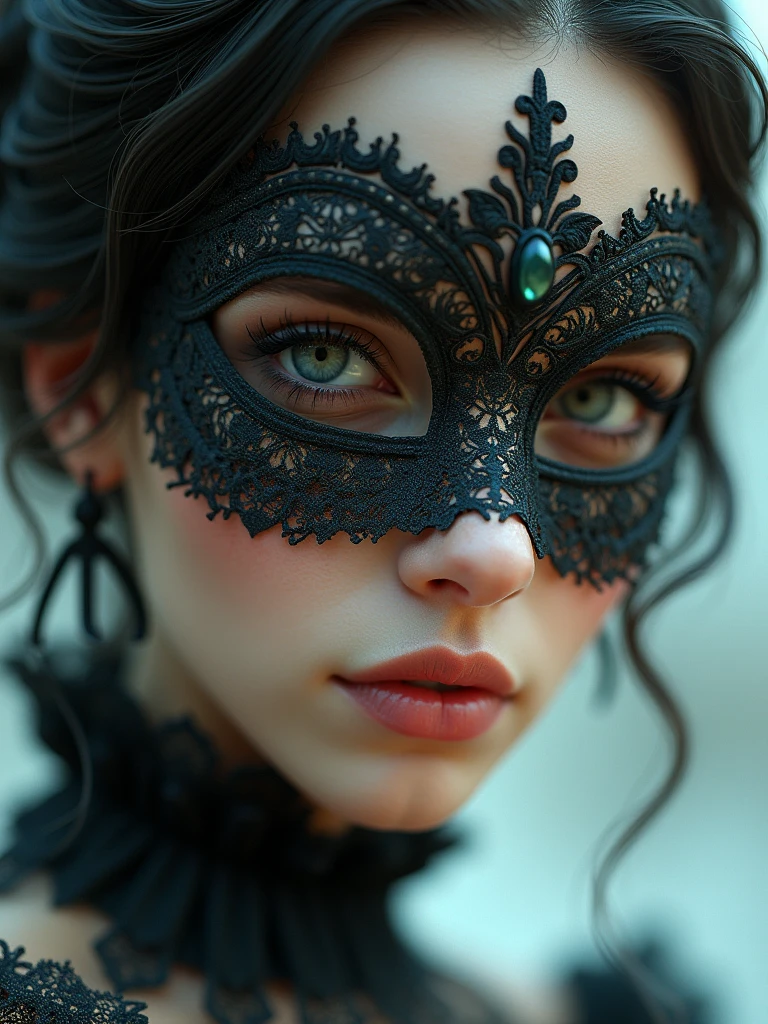 a close up of a woman wearing a mask, dreamy gothic girl, elegant render, half body photo, mistress, photoshop render, ebony rococo, elegant girl, female spy, haunting beautiful young woman, detailed face, extravagant dress, beauty girl, very femenine