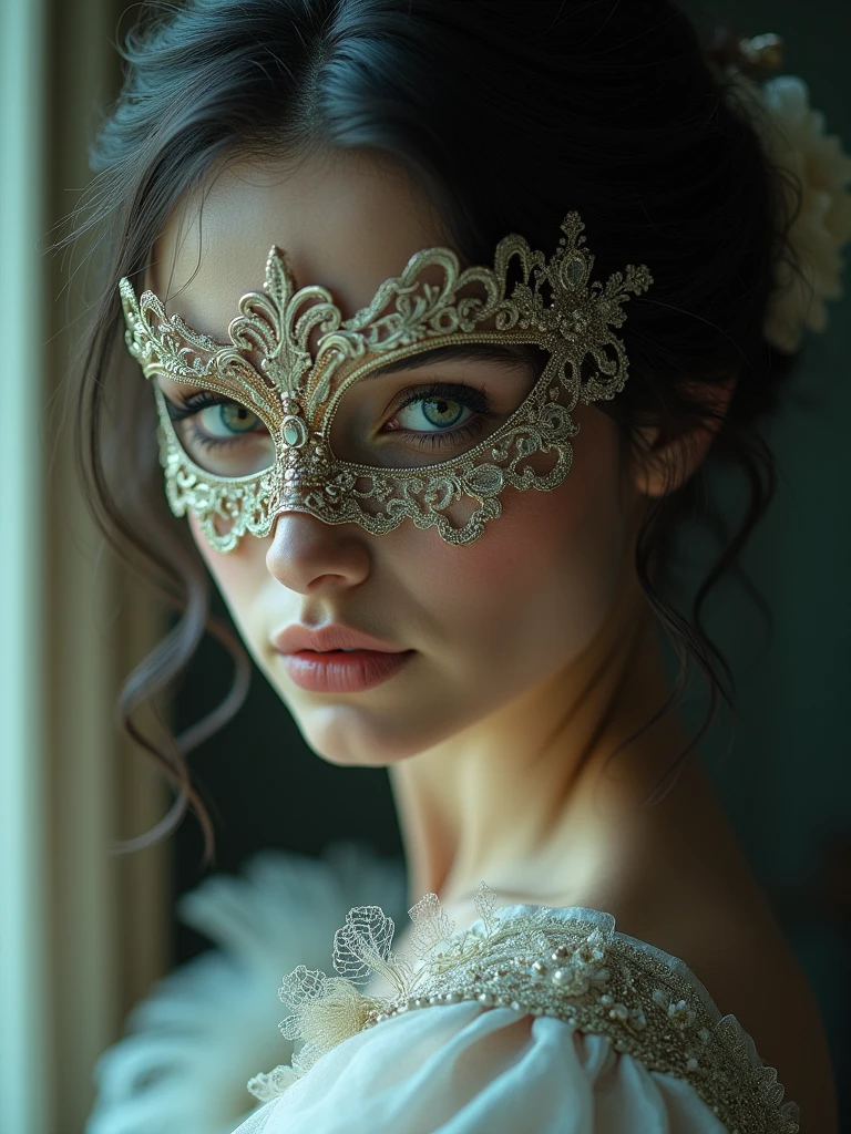 a close up of a woman wearing a mask, dreamy gothic girl, elegant render, half body photo, mistress, photoshop render, ebony rococo, elegant girl, female spy, haunting beautiful young woman, detailed face, extravagant dress, beauty girl, very femenine