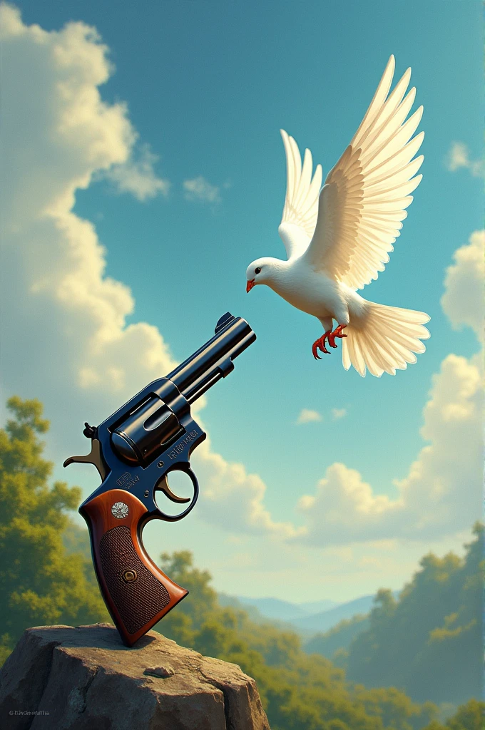 Revolver gun and dove fight where the dove is the wi
nner ..Theme is peace is the solution of war
