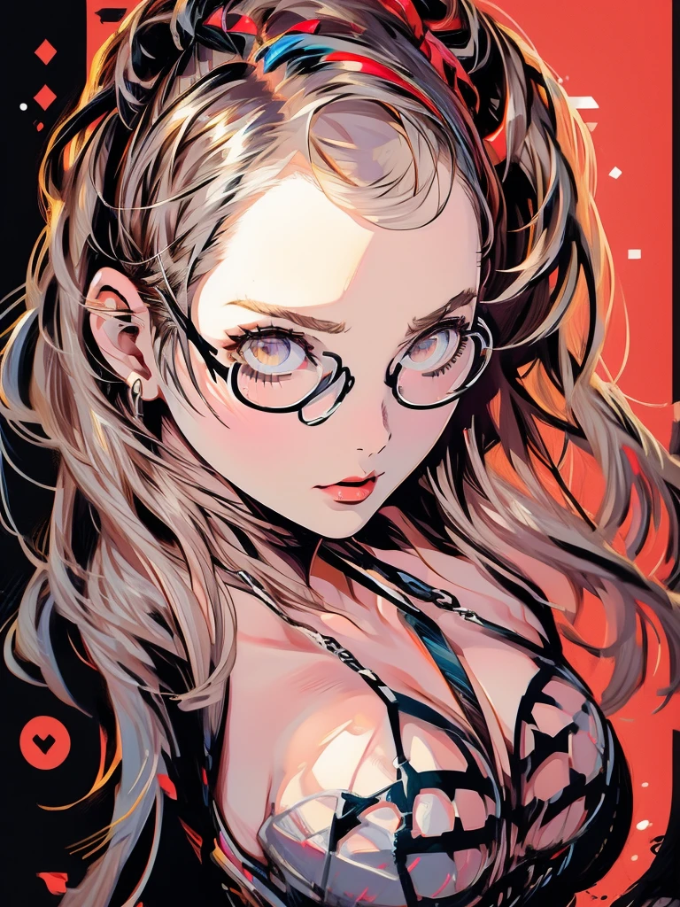 ((chibi)), big head, focus face, in the art style of persona5, (masterpiece:1.2, highest quality), (Realistic, photoRealistic:1.4), Beautiful illustrations, (Natural Side Lighting, Cinema Lighting), Written boundary depth, Beautiful thighs staring at the viewer, 1 female, 30-year-old, alone, thin, slender, (huge breasts), long Hair, straight Hair, Forehead, Forehead, Forehead, Forehead, thin, slender, glasses, lingerie, white bra, (((She wears sexy bra))), Are standing, (((glasses)))