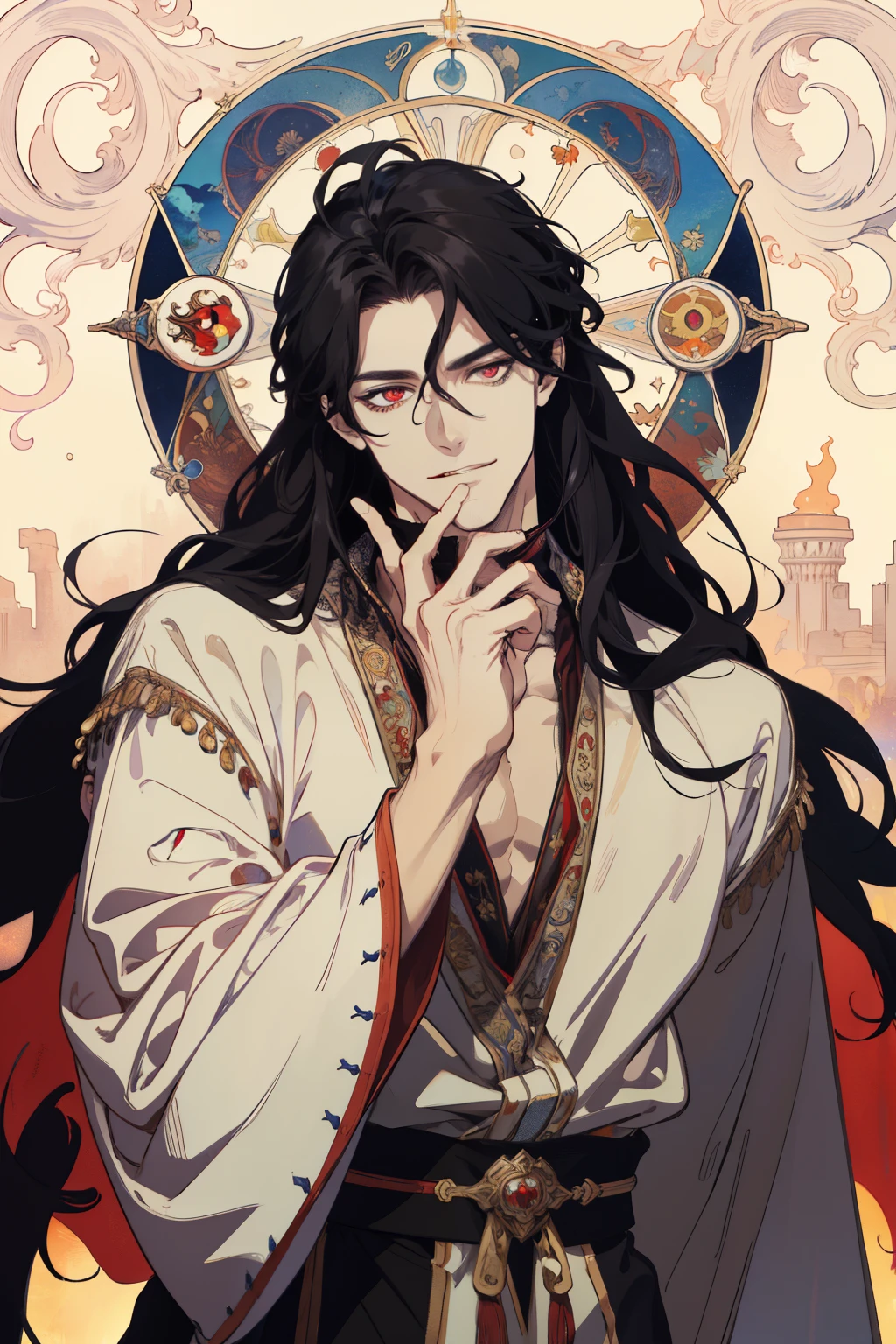 (absurdity, a high resolution, over-detailed), 1 man, adult, The cutest, tall muscular guy, broad shoulders, detailed eyes and detailed face, Beating up the magic, Winding flame, (masterpiece, side light, beautiful beautiful eyes: 1.2), HDR, (glowing red eyes)), Handsome long-haired man, Black hair, musculature, rain, Beautiful, facing the camera, masterpiece Fool \tarot\, bard, clown, Symbolism, art, occultism, Universal, Vision Casting, Philosophical, Iconography, Divination by numbers, Popularity, art, by Alphonse Mucha, sexuality ,playful look, grin, inscrutability, Head rotation, hold your chin, tousled black hair, Rich clothes