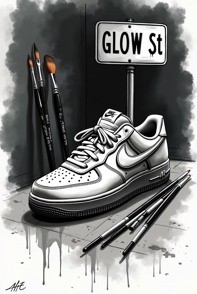 Nike airforce one sketch stained dripped art and street sign that says glow st type los angeles black and white with paintbrushes behind 