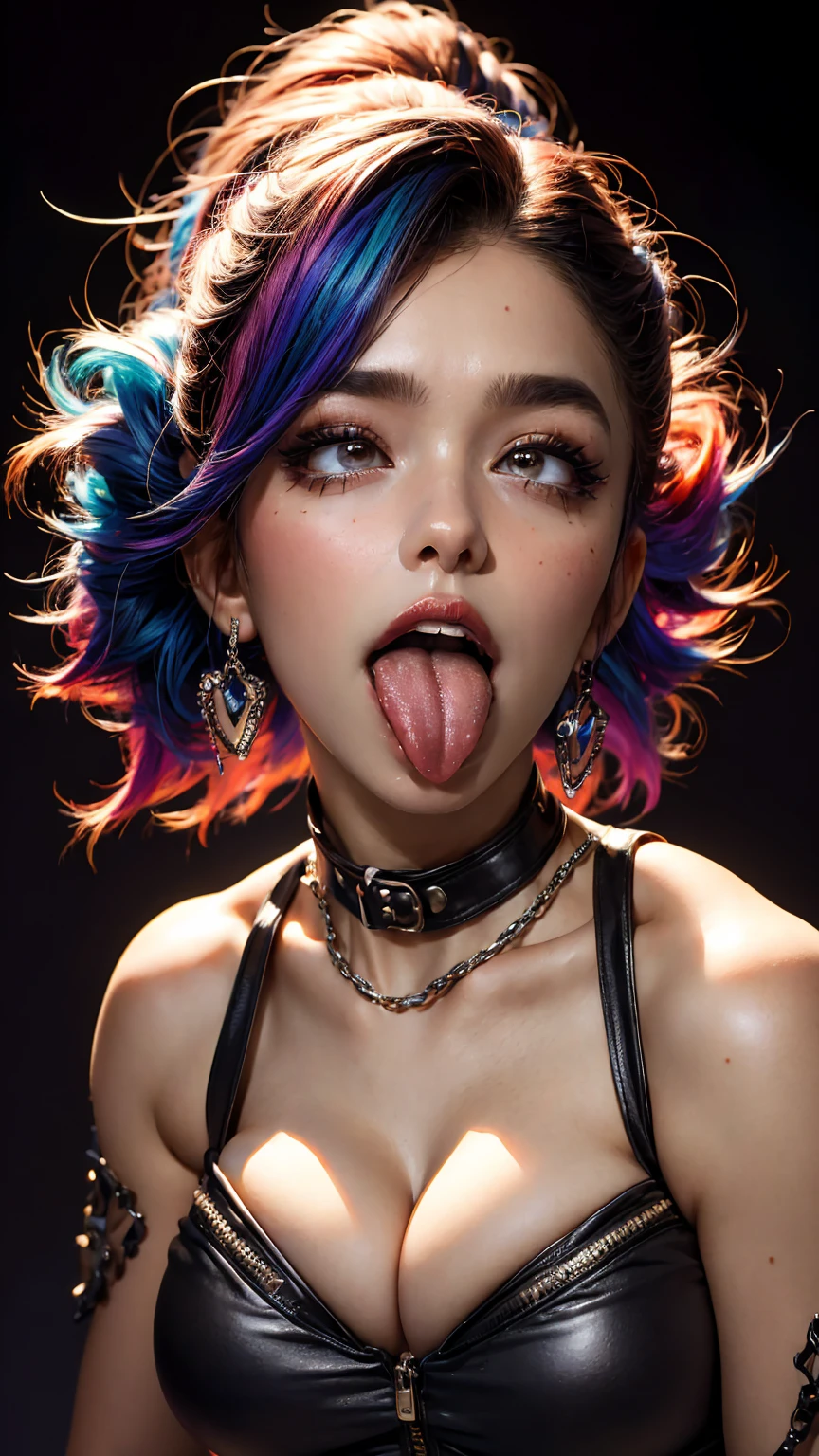Professional:26 year old  mature model girls, (最high quality, 4K, 8k, High resolution, masterpiece:1.2), Ultra-detailed, Realist, Punk Style, Punk Fashion, ((Upper body portrait)), Spiked clothing, Chain Accessories, Rebel pose, Mohawk Alto,  Flashy rainbow hair, Nervous background, Studio Lighting, Dynamic pose and elegant､masterpiece, 最high quality, high quality, High resolution, (((Upper body portrait)))､Super busty sexy, full body, high heels, , red lipstick ((tongue out)) Ahegao
