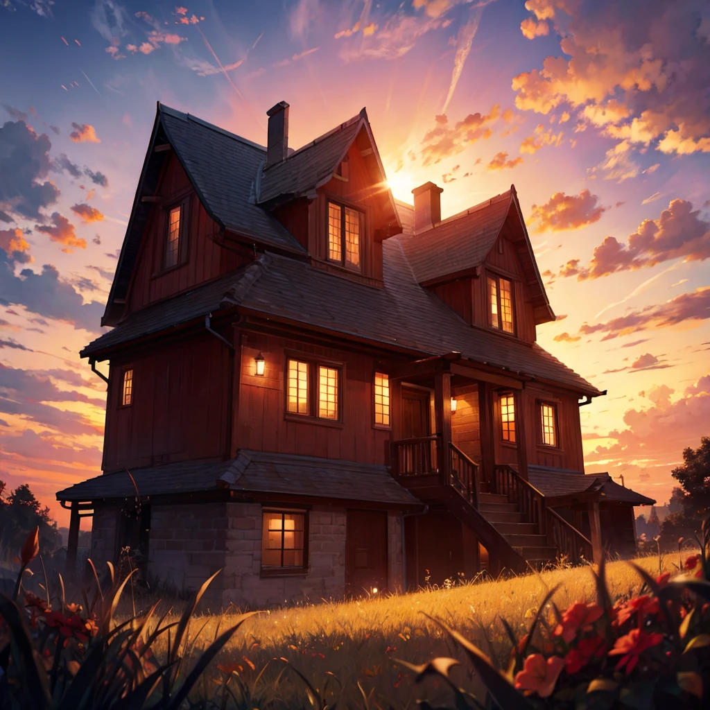 Red sky shining on the grass on the ground, sunset, giant clouds beyond description, a very imaginative scene, a house with red lights reflecting on the grass, red, red lighting