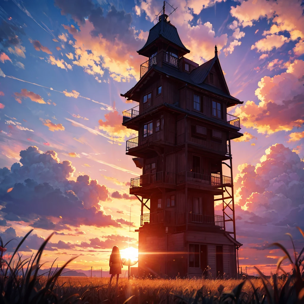 Red sky shining on the grass on the ground, sunset, giant clouds beyond description, a very imaginative scene, a house with red lights reflecting on the grass, red, red lighting