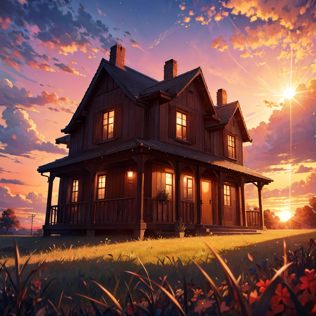 Red sky shining on the grass on the ground, sunset, giant clouds beyond description, a very imaginative scene, a house with red lights reflecting on the grass, red, red lighting