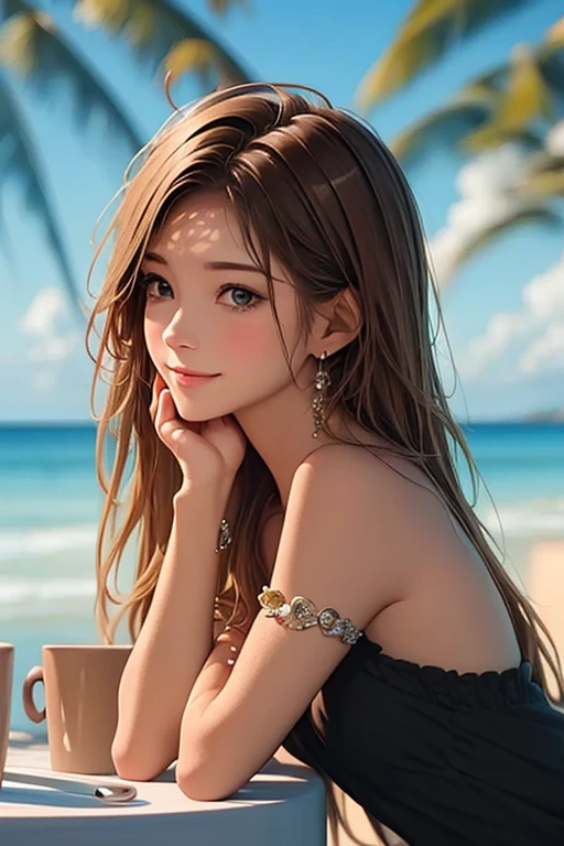 a girl drinking coffee at the beach 's coffee shop,close eye, charming smile,peace dreaming lighting,realxing, summer beach and fresh air,no wind,calm vibe
