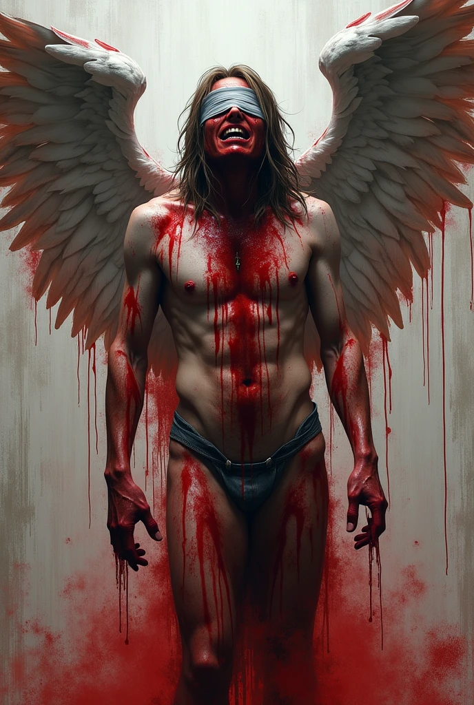 a suffering angel with blindfolded, detailed gloomy angel, in the background Polish colors white-red, photorealistic, gruselig, düster, gothic style , der körper ist mit blut verströmt.