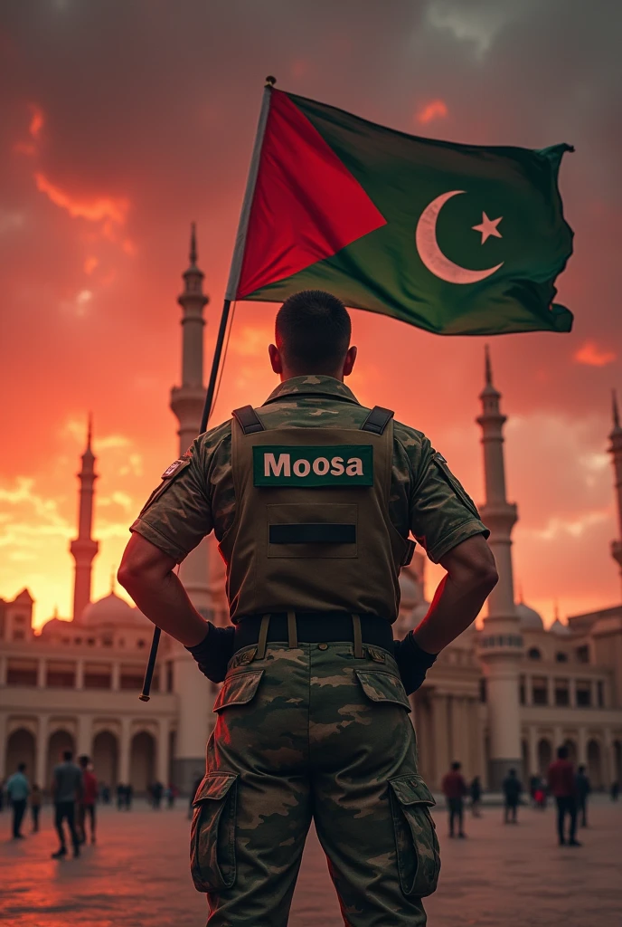 A soldier With Shirt back name Moosa Erect Pakistan flag and Palestine flag together on Masjid Al Aqsa in red cloud evening
