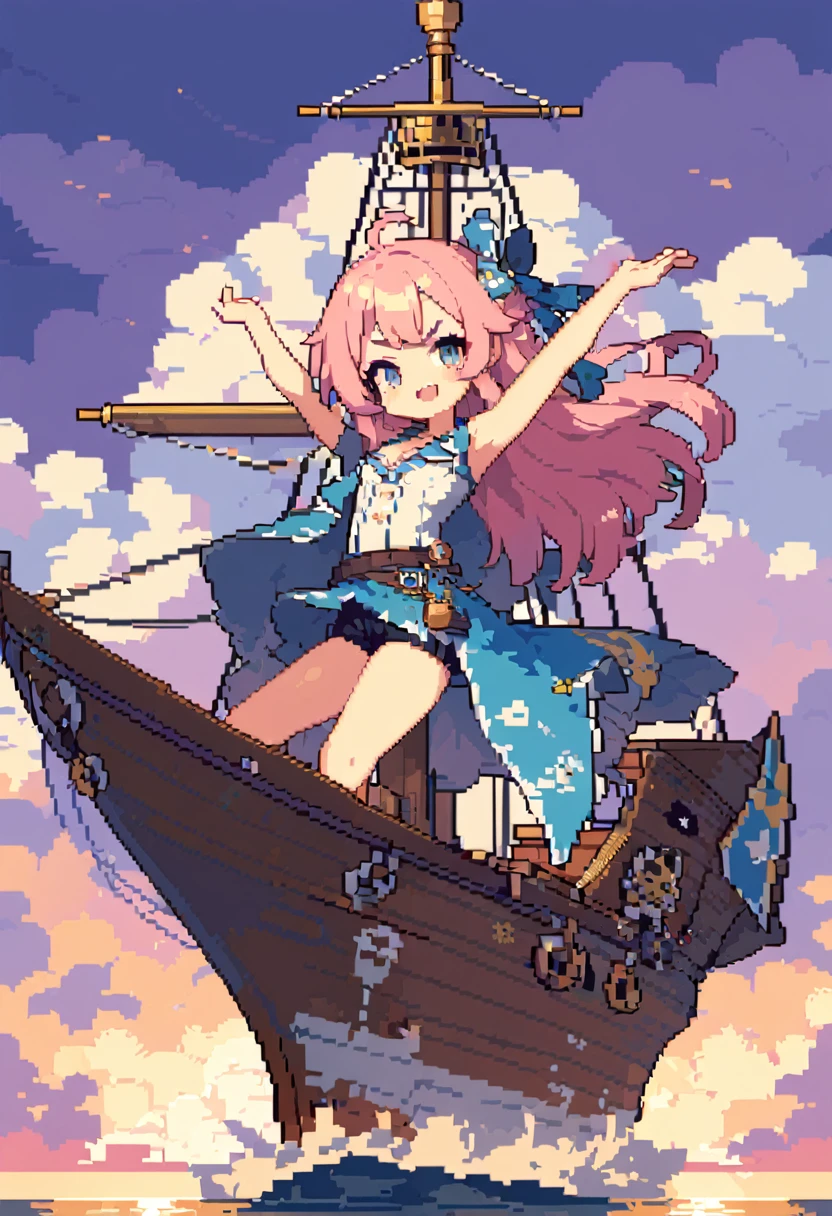 masterpiece, Highest quality, 8k, Pixel art, Pixel art, Vivid, high details, (((1girl))), smile, cute, Directed at an angle, Open your mouth, Fluffy hair, Long Hair, Hair like sheep's hair, Pink Hair, eyebrow, 太いeyebrow, , ((whole body, From below:1.2, Side Shot)), BREAK (pirate girl, Stand on the observation deck of the highest mast:1.2), (cuteノースリーブの海賊衣装, cute海賊靴), BREAK ((Spread your legs, Stand with your back straight, ((Stretch your arms horizontally:1.2)), A small telescope in his hand)), (Get angry, Please open your mouth wide, A look of determination:1.2), BREAK (The background is the mast of a pirate ship, Rough seas, Clouds before the storm)