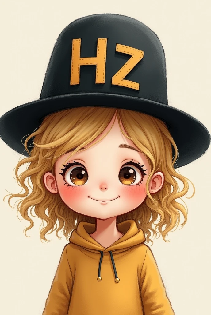 A somewhat chubby girl with blonde hair wearing a black hat with HZ letters, sweet like a drawing.