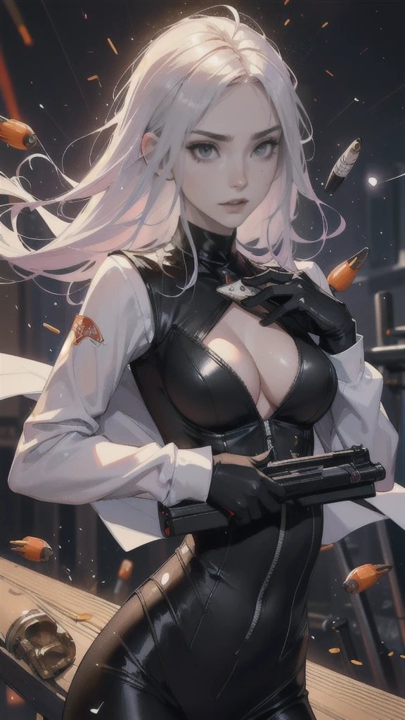 （lifelike， high - resolution：1.3）， 1 girl with a perfect body，slender body, Super fine face and eyes，assasin, dark makeup, shiny skin，white hair, sexy black bodysuit， Expose cleavage, extravagant makeup, pink eyeshadow, dark makeup, (((firing,bullet,gun,light particles))), holding gun, shocked expression
