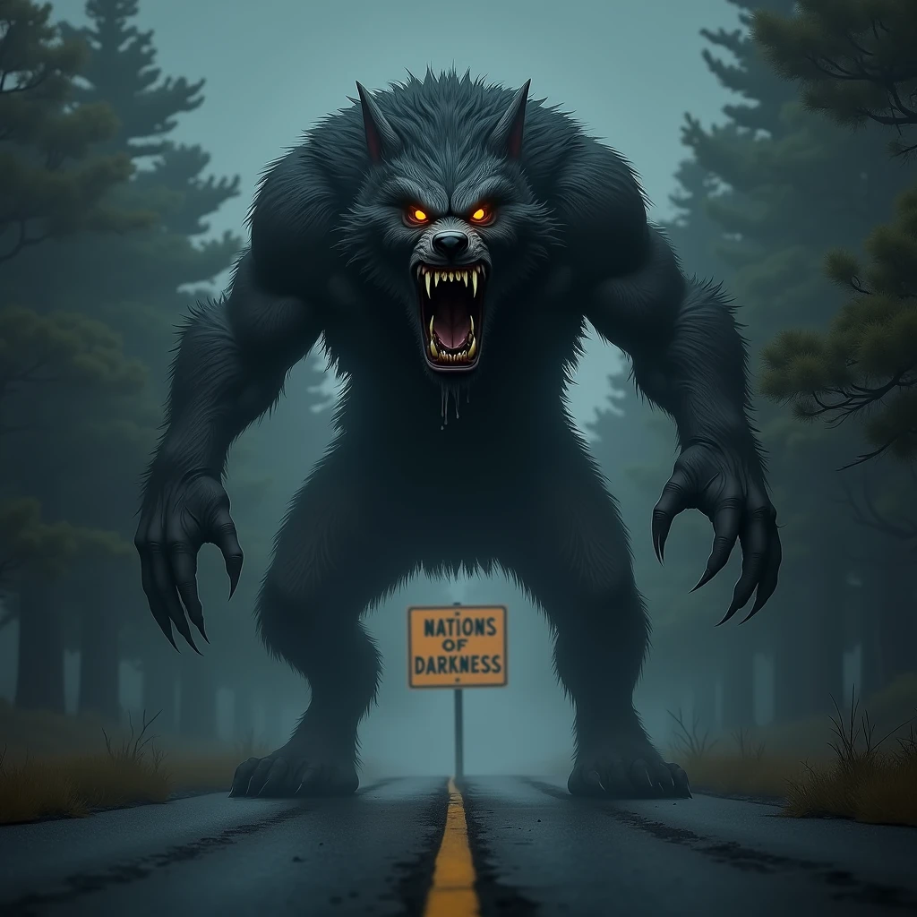 Werewolf roaring with mouth wide open，The road sign ahead，The board reads &quot;Nations of Darkness&quot;