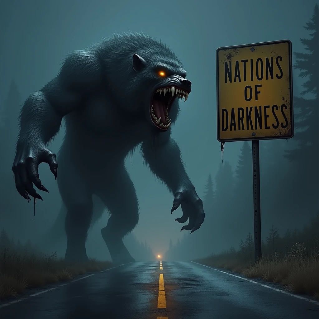 Werewolf roaring with mouth wide open,The road sign ahead,The board reads "Nations of Darkness"