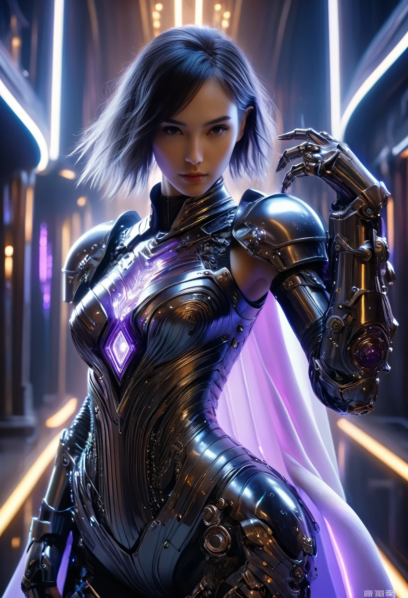 (Best Quality, 4K, 8K, High Resolution, Masterpiece: 1.2), (Super Detailed, Realistic, Photorealistic:1.37), A woman in futuristic clothing, (erotic and sexy:1.4), Trending on cgstation, Trending on cgstation, (Portrait of a girl in the Knights of the Zodiac:1.4), (blunt bangs:1.7), Cute Cyborg Girl, Perfect android girl, Portrait Astronaut Girl, Beautiful girl cyborg, Girl wearing black pale purple iridescent mechanical cyber armor, Game CG, cgsociety and fenghua zhong, Beautiful Cyborg Shrine Maiden, Bioluminescence, (Gal Gadot:0.6), Anatomically correct grip, Anatomically correct four fingers and one thumb, (long claws:1.4), erotic and sexy, A gorgeous cape with beautifully detailed embroidery, energy ball