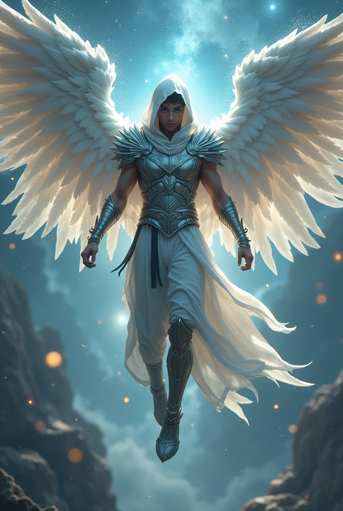 (adolescent) (masculine ) (with mixed skin complexion) (Hispanic appearance)( guerrero) ( With Silver Wings) (levitating) and with (celestial armor ) ( with a hood covering their face) and with (a cosmic aura)
