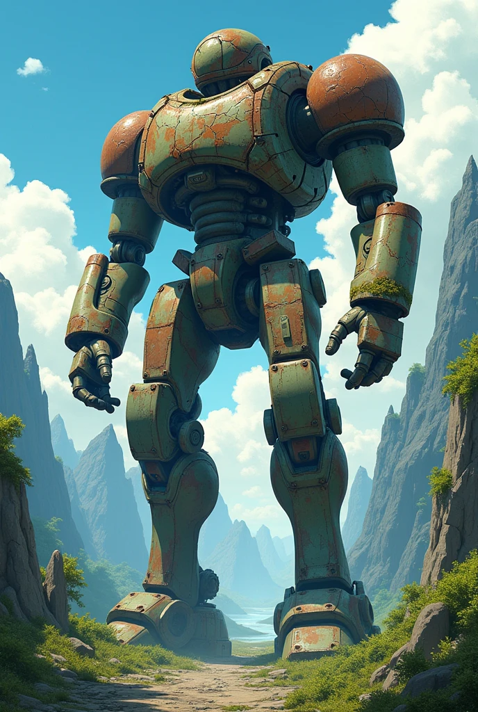 ultra huge mechanical soldier of a super ancient civilization, bigger than a mountain, (((organic forms))), style of studio ghibli, broken and still moving, rust, moss, cracks,