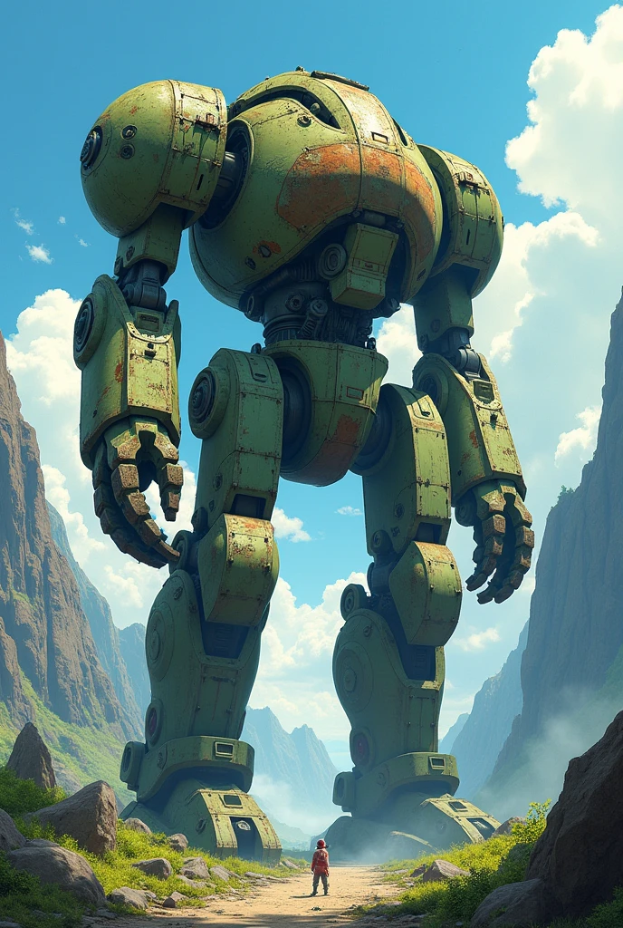 ultra huge mechanical soldier of a super ancient civilization, bigger than a mountain, (((organic forms))), style of studio ghibli, broken and still moving, rust, moss, cracks,