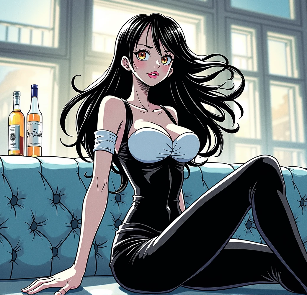 In a one piece manga panel generate a female character with black hair, light skin and brown eyes in a bar 