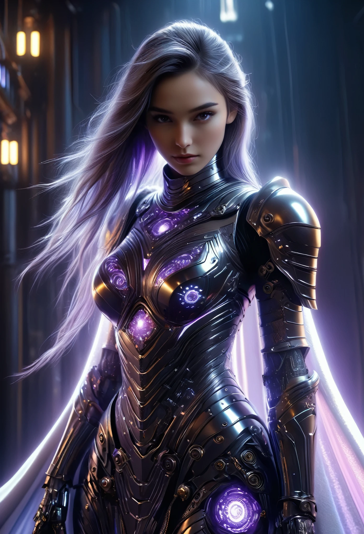 (Best Quality, 4K, 8K, High Resolution, Masterpiece: 1.2), (Super Detailed, Realistic, Photorealistic:1.37), A woman in futuristic clothing, (erotic and sexy:1.4), Trending on cgstation, Trending on cgstation, (Portrait of a girl in the Knights of the Zodiac:1.4), (blunt bangs:1.7), Cute Cyborg Girl, Perfect android girl, Portrait Astronaut Girl, Beautiful girl cyborg, Girl wearing black pale purple iridescent mechanical cyber armor, Game CG, cgsociety and fenghua zhong, Beautiful Cyborg Shrine Maiden, Bioluminescence, (Gal Gadot:0.6), Anatomically correct grip, Anatomically correct four fingers and one thumb, (long claws:1.4), erotic and sexy, A gorgeous cape with beautifully detailed embroidery, energy ball