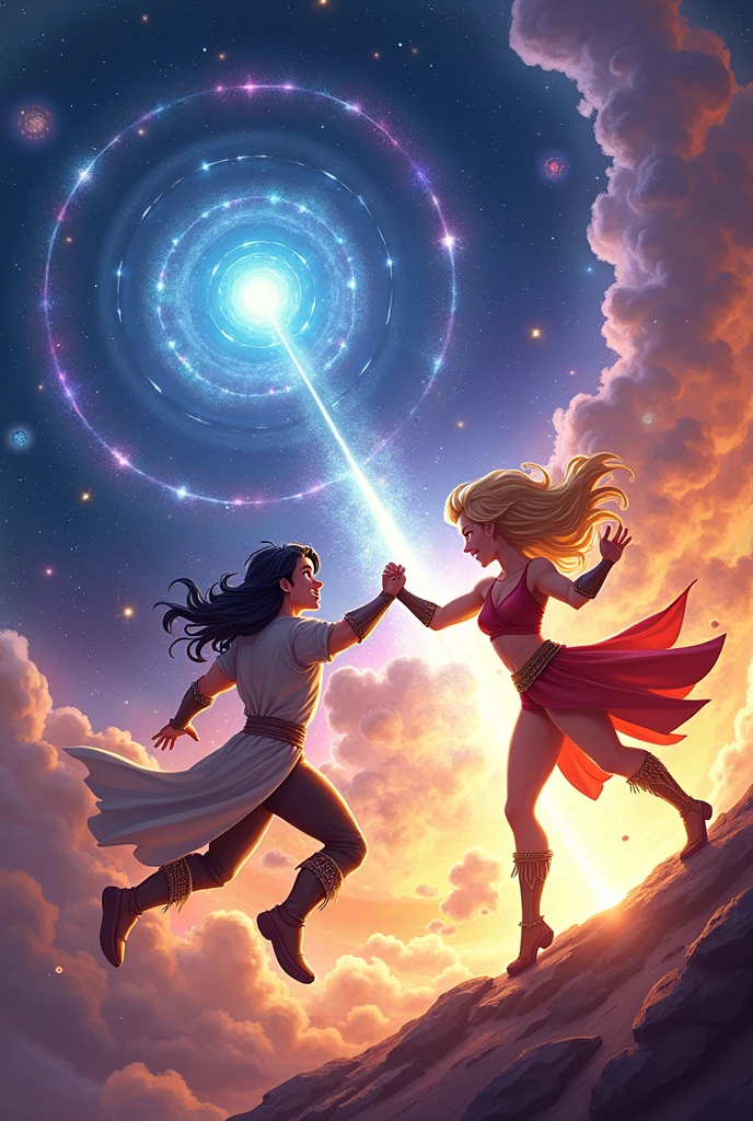 make a fighting scene where a man god and a women god fighting another God namely black hole(male adult) in the outer space make it cartoon for children