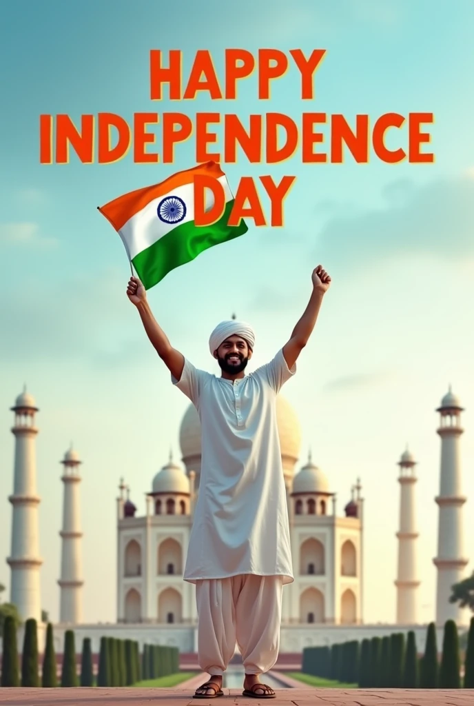 "Generate a real-life image of a 21-year-old (boy) joyfully celebrating Indian Independence Day. The individual is dressed in white pathani attire with flag in hand' prominently displayed on their clothing. The sky above them features the words 'Happy Independence Day' in a bold font. The background is tajmahel , creating a vibrant and patriotic atmosphere."