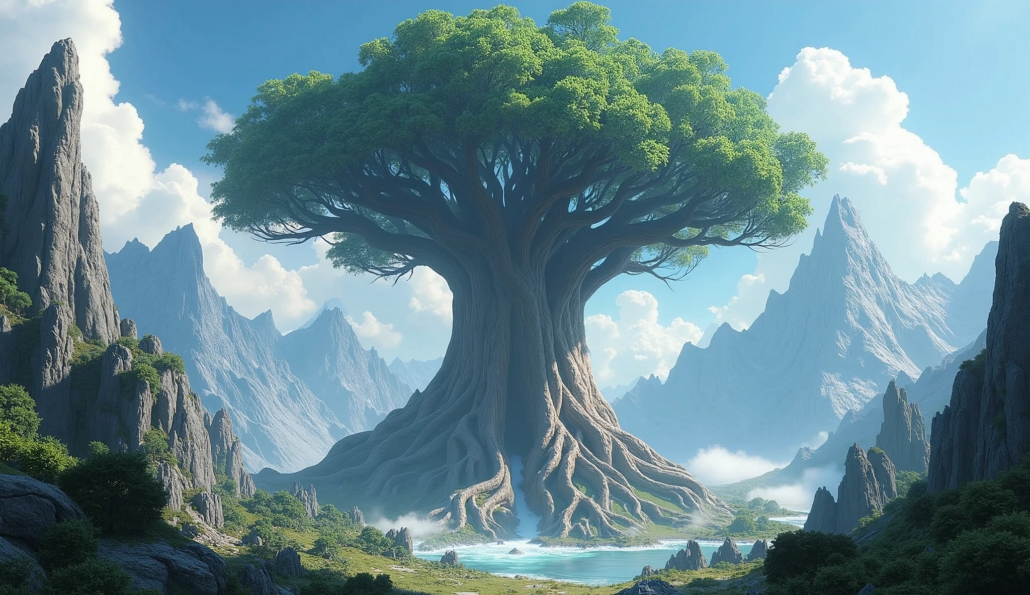 Zebaoto, Huge epic fantasy tree, Huge mountain々, Cinema Lenses, Wide-angle view, Realistic, Detailed Skin, 8k, Trending on Art Station, Smooth, 3D animation --ar 2:1 --v 5 --q 2 --s 750