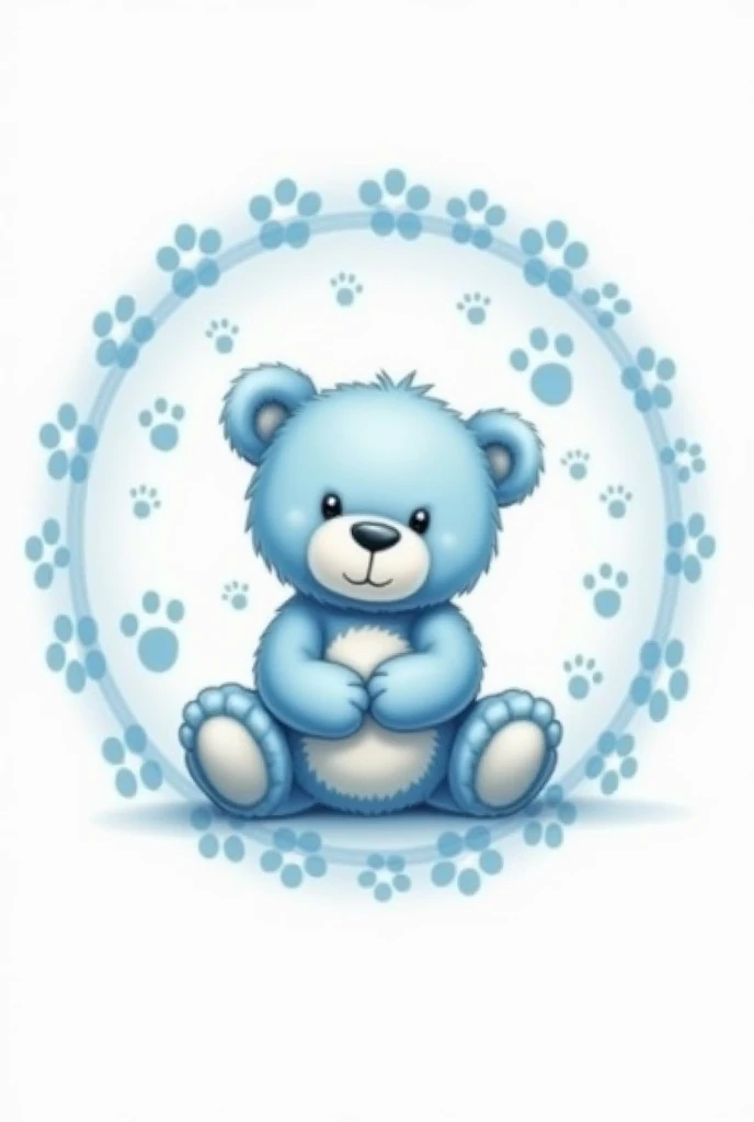 Baby boy baptism round label with blue teddy bear and baby soles 
