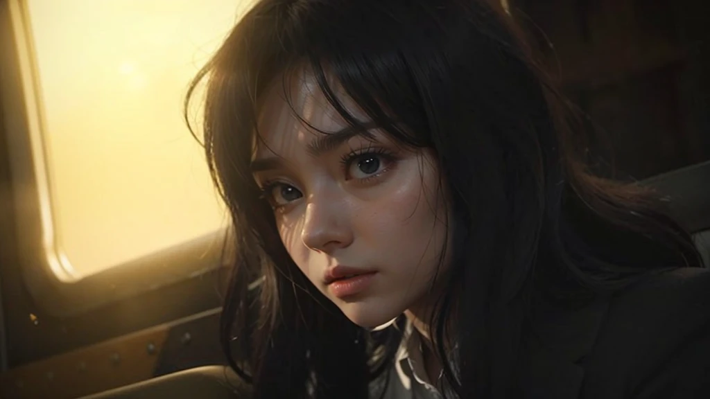 into the image, there is a female-looking person, with a serious and even slightly tense expression. Ela tem cabelos longos, dark, that fall disorderly around the face and over the shoulders. The hair is straight, but it seems to be a bit messy, which may indicate that the person has been through an intense situation or is in an environment where they have not bothered to fix their hair..
The person's eyes are large and round, with dark-colored irises that stand out against the whites of the eyes. Pupils are dilated, perhaps due to low light or a reaction of fear or surprise. the eyebrows, also dark, are wrinkled, creating expression lines on the forehead, which reinforces the idea of concern or focus.
The skin of the face is clear, and the nose is straight, medium-sized, aligned with the face. The lips are thin, slightly closed, suggesting that the person is not speaking, but maybe you are thinking intensely or observing something carefully.
The lighting in the image comes from a yellow light source., probably the sun, that enters through the window in the background. This creates an interesting contrast., because the light partially hits the person's face, while the rest is in soft shadows, highlighting the features and giving a sense of depth to the image.
She is wearing a dark outfit, that appears to be a jacket or coat, and underneath, a white shirt, which suggests that the character may be in a formal setting or in a situation that requires seriousness. The background of the image shows a part of the interior of a vehicle., maybe a plane or a train, which can be deduced from the shape of the window and the material of the surrounding walls.
The expression and the setting indicate that this person is in a moment of tension or reflection., and the composition of the image, with the play of light and shadow, contributes to this atmosphere.