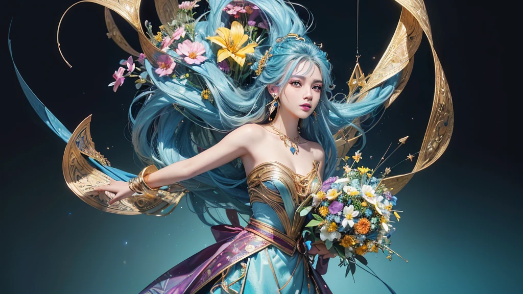 32K, 最高quality, 最高masterpiece, (ultra-Detailed Background, Detailed Background), High resolution, Super detailed, Very detailedな, 1 personの, (bouquet:1.3), (Tangled:1.2), (Geometric:1.2),(colorful),(masterpiece, quality, best quality, Official Art, Beautiful and beautiful:1.2), (1 person:1.3), Very detailed,(colorful:1.1)(Flowers:1.3),Most detailed,(Tangled:1.2), whole body, (Abstract background:1.3), (Skin glows), (Many colors:1.4), ,(Earrings Jewelry:1.5), Light blue and gradient background,