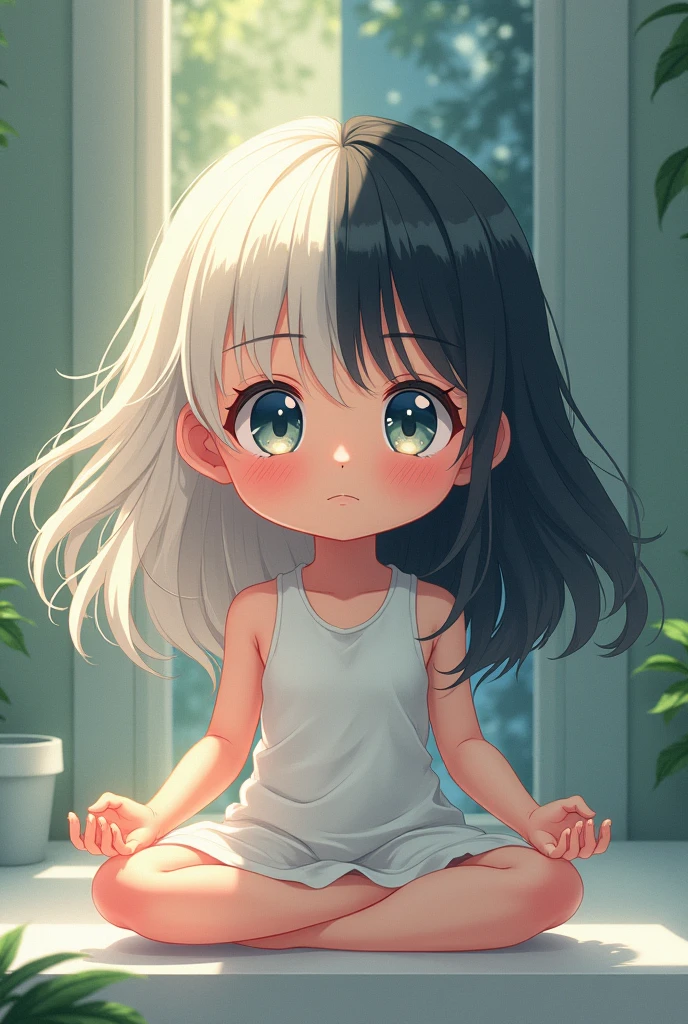 Anime-style female child meditating, show both sides of the child, the good and the bad, turning into one.