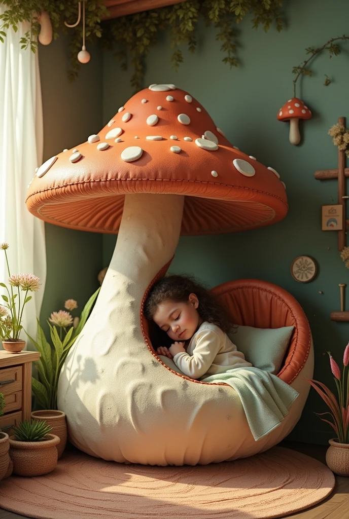 A bedroom with a bed that is a mushroom