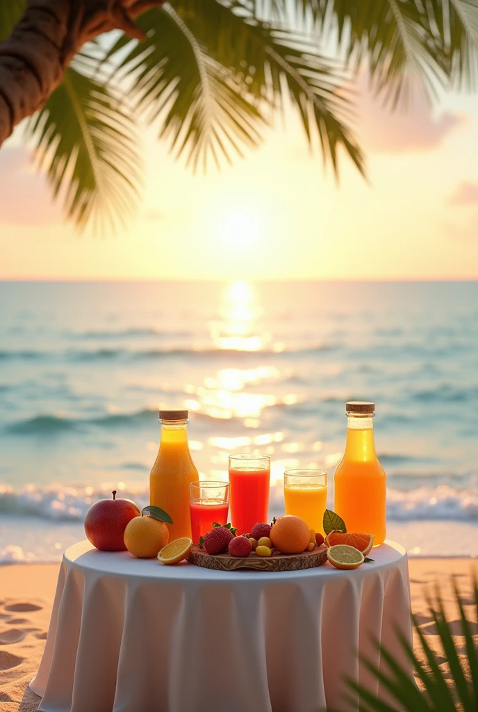 warm summer evening, sea shore, A table on the shore with juice and fruit