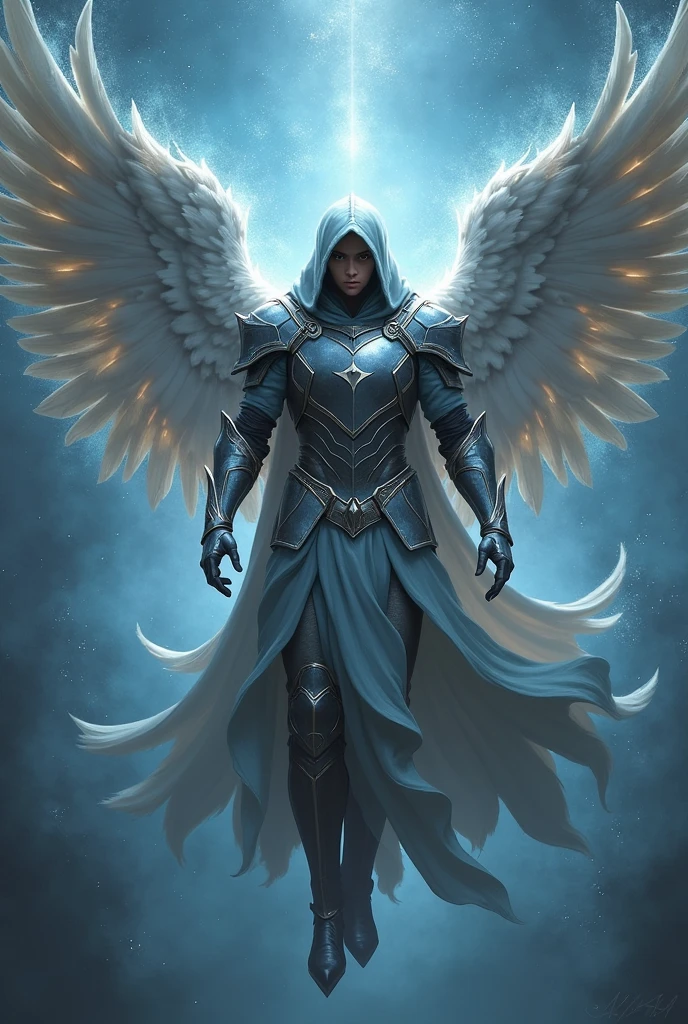 (adolescent) (masculine ) (with mixed skin complexion) (Hispanic appearance)( guerrero) ( With Silver Wings) (levitating) and with (celestial armor ) ( with a hood covering their face) and with (a cosmic aura) His face cannot be seen.
