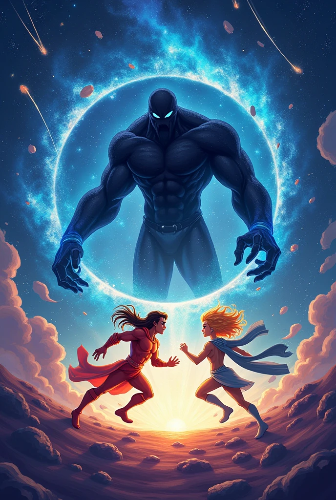 make a fighting scene where a man god and a women god fighting another God namely black hole(male adult) in the outer space make it cartoon for children